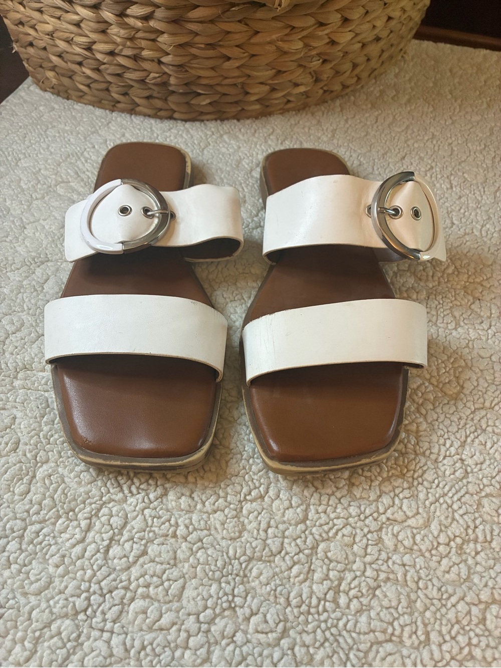 Franco Sarto White Leather Slide Sandals Oversized Silver Buckle Square Toe